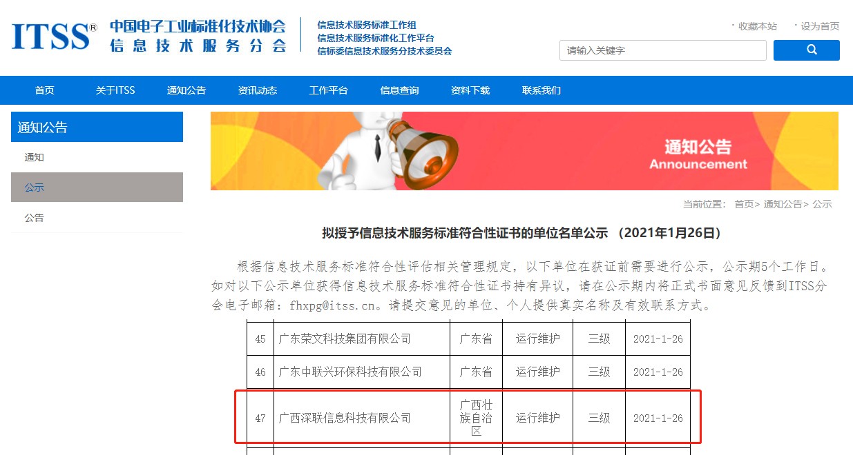 深聯公司獲得(de)ITSS資質信息公布圖片